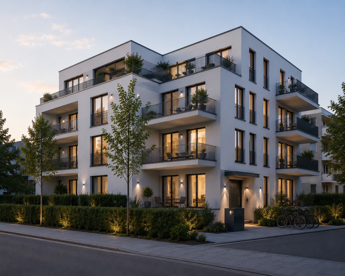 Modernes Wohnhaus mit Balkonen in der Abenddämmerung