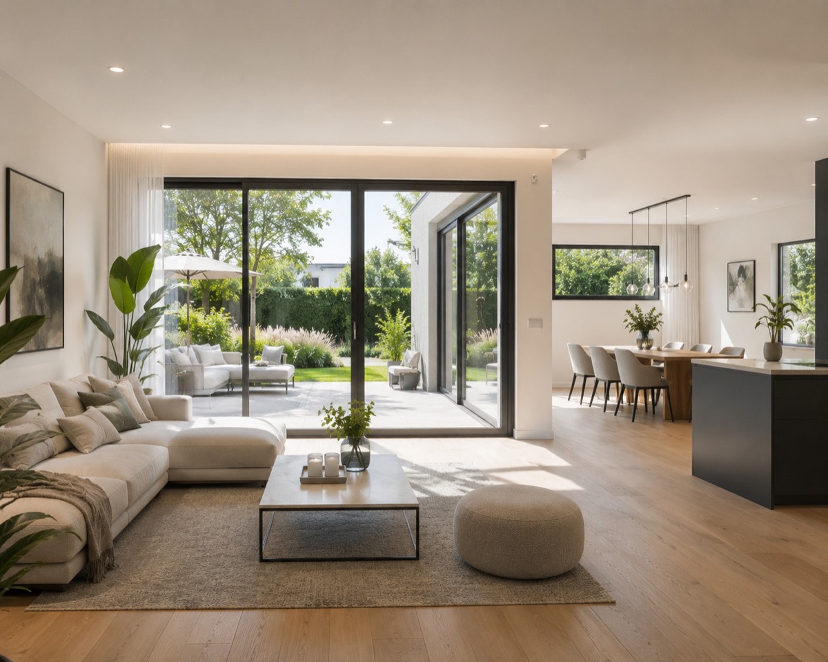 Heller Wohnraum mit Essbereich und Terrasse
